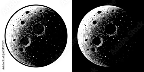 Moon with craters in pen stroke style drawing. Black and white moon in hand drawn engrave style. Vector illustration