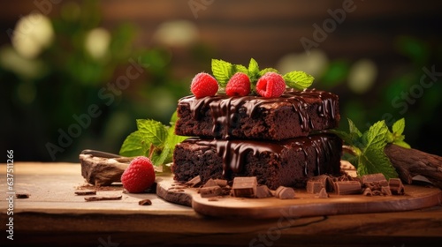 Selective focus on homemade bakery brownies and chocolate cake, with copy space, on wooden background.