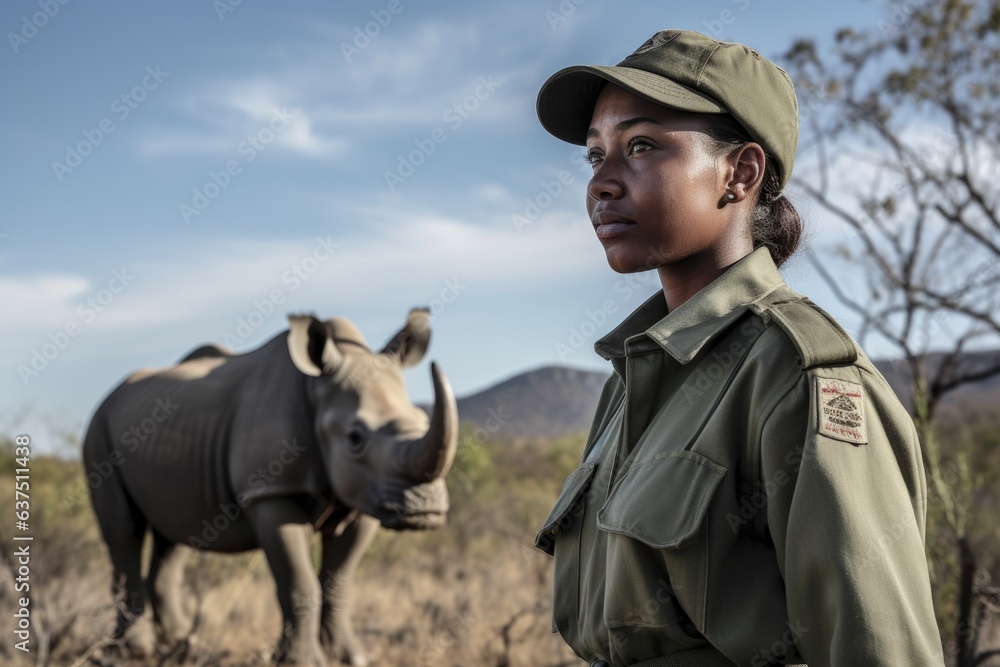 shot of a female game ranger standing in front of a rhino shot of a female game ranger standing in front of a rhino