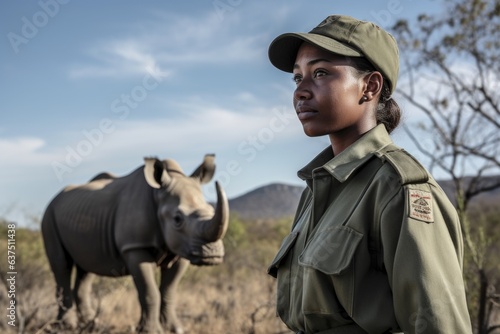 shot of a female game ranger standing in front of a rhino