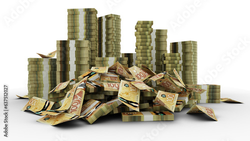 Big stacks of Canadian dollar notes. A lot of money isolated on transparent background. 3d rendering of bundles of cash