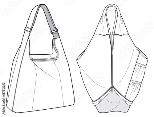 Hobo bag flat sketch fashion illustration drawing template mock up, Shoulder bag cad drawing. Carry bag flat sketch vector