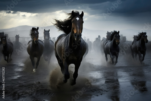 Wild horses running through water © thejokercze