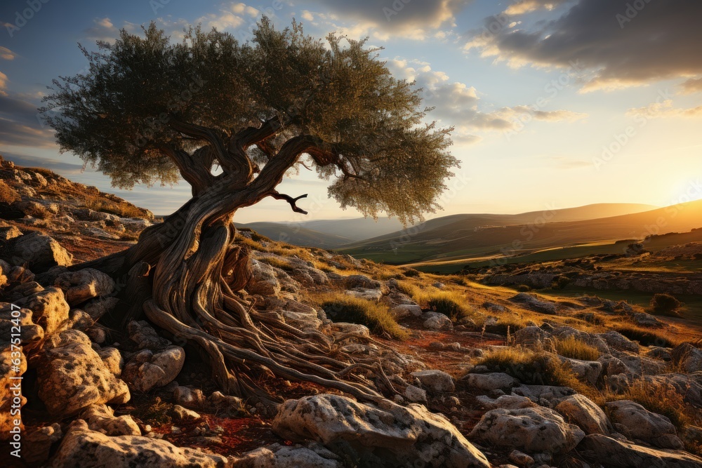 olive tree at sunset in a mediterranean countryside olive tree at sunset in a mediterranean countryside