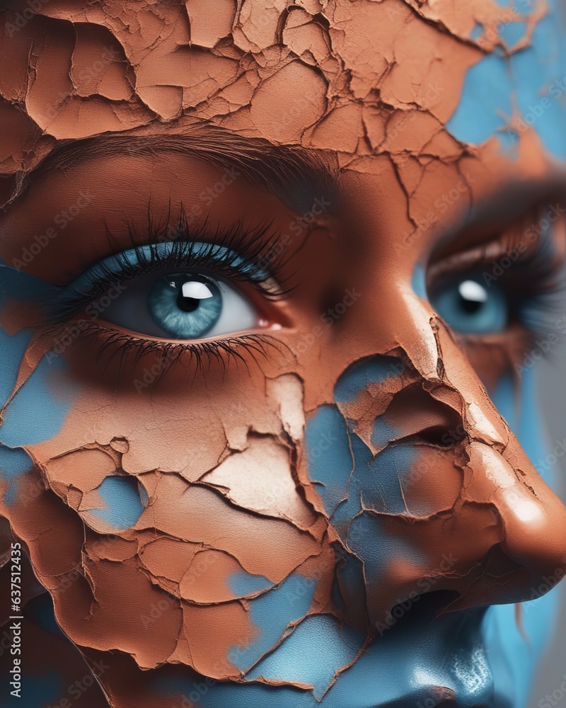 Close-up of a woman's face made of chipped orange and blue paint peeling off.