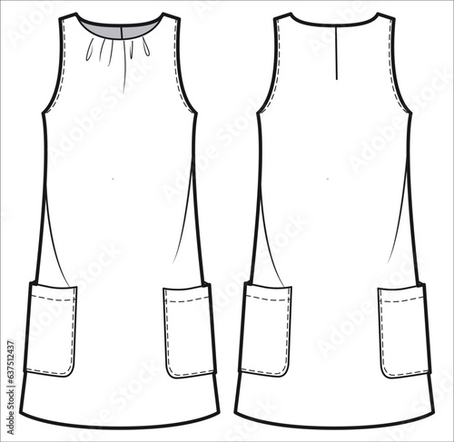 Girls Sleeveless Shift Dress design flat sketch fashion illustration vector template with front and back view, A line shift dress Toddler baby girl frock cad drawing