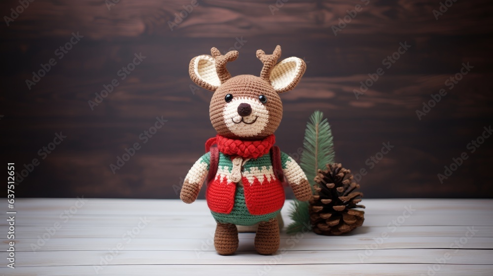 Fototapeta premium Christmas toy knitted deer. Handmade knitted toy created with Generative AI technology.
