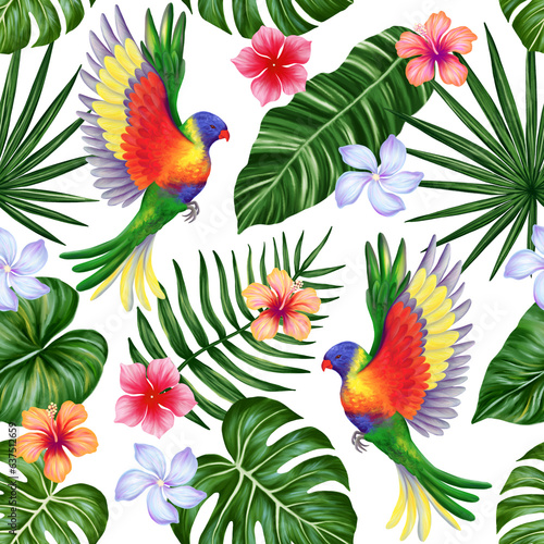 Tropical seamless pattern. Colorful vivid print with beautiful palm jungle leaves, flowers and lorikeet parrots. Repeated luxury design for packaging, cosmetic, fashion, textile, wallpaper. © Taity