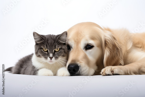 Dog and cat lying on white background