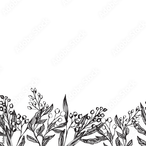 Seamless vector border with leaves and berries. Set of ink hand drawing wild plants and herbs, monochrome artistic botanical illustration for backgrounds. Temlate for wedding cards and polygraphy. © nadia.art.design