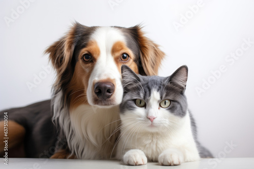 Dog and cat lying on white background © thejokercze