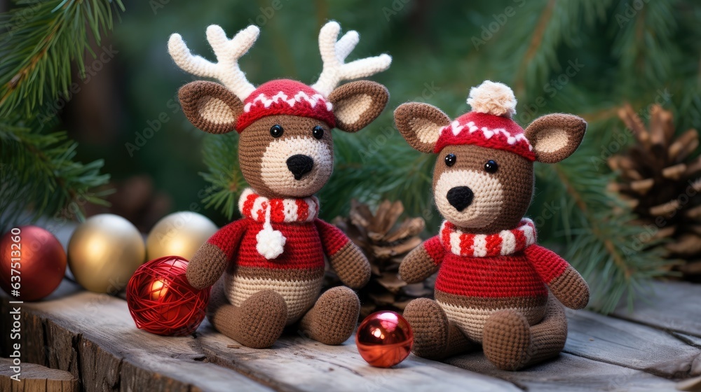 Christmas toy knitted deer. Handmade knitted toy created with Generative AI technology.