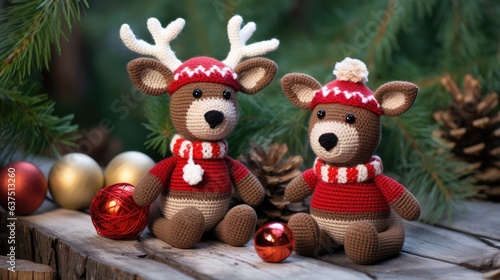 Christmas toy knitted deer. Handmade knitted toy created with Generative AI technology. © pvl0707
