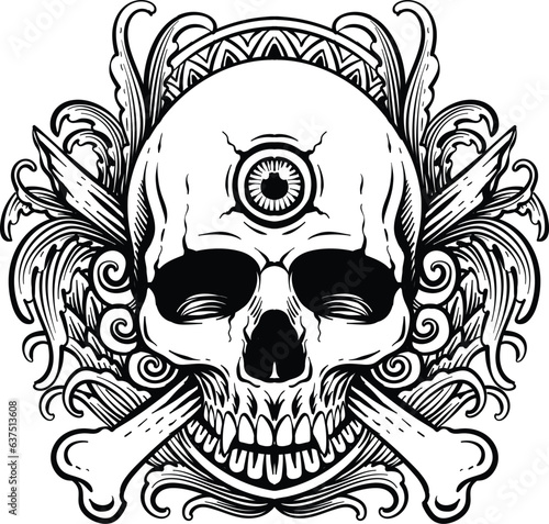 hand drawn skull ornament black and white tattoo design 