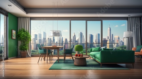 Empty home interior with green sofa, parquet floor, kitchen set, dining table, chairs, city view of skyscrapers, 