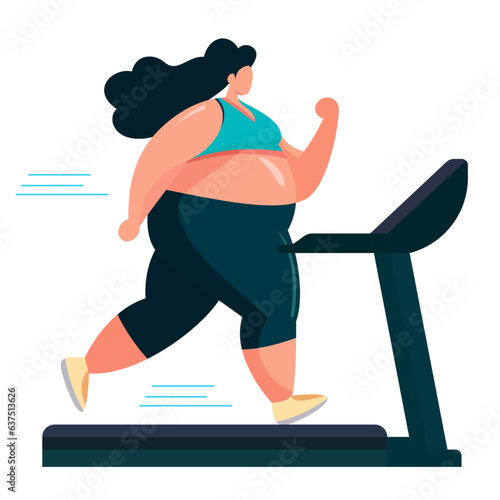 Fat female running on a treadmill concept side view flat style vector illustration, obese person, obese woman working and fat burning stock vector image
