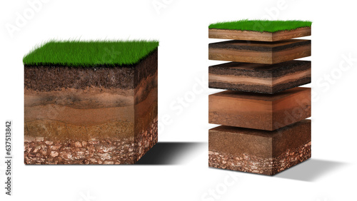 Isometric Soil Layers diagram, Cross section of green grass and underground soil layers beneath, stratum of organic, minerals, sand, clay, Isometric soil layers.