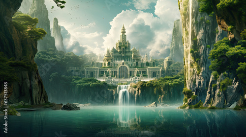 Fantasy castle in the forest with a cascading waterfall, fantasy scenery