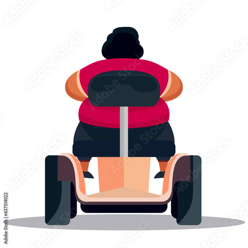 Fat female on a mobility scooter's back side view flat style vector illustration, Obese person, Obese woman on a mobility vehicle or cart stock vector image