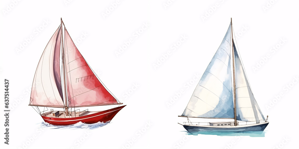 Hand drawn watercolor painted sailboat isolated on white background. Sailing illustration. - obrazy, fototapety, plakaty 