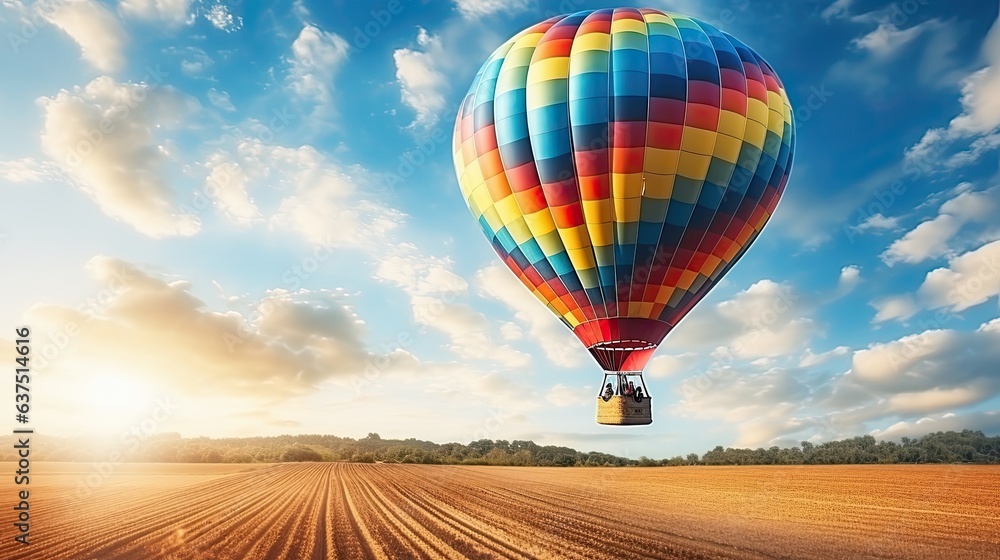 Fototapeta premium A bright hot air balloon flies over a beautiful landscape with plowed fields and forests on the horizon. The concept of motivation and inspiration for an active summer holiday. Illustration for design