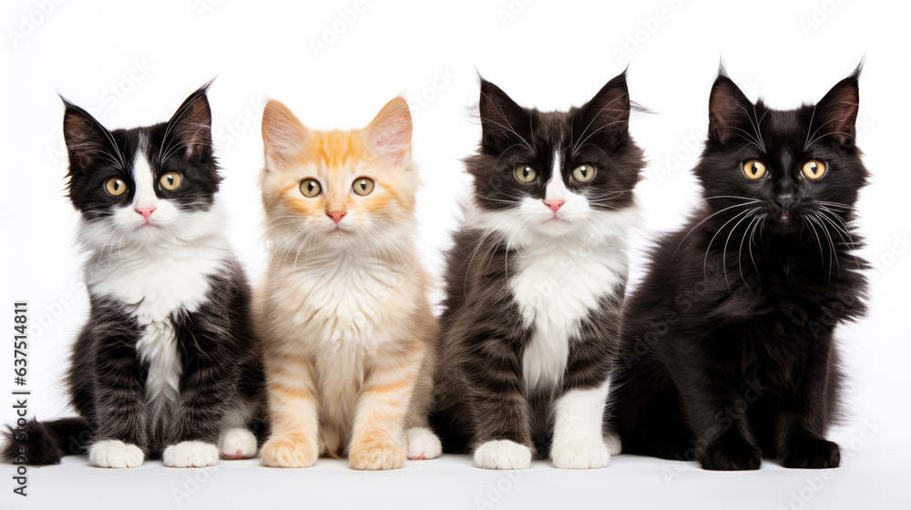 Group of sitting cats of different breeds on a white background