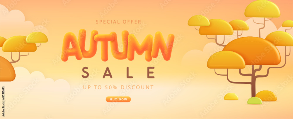 Autumn big sale poster with 3D plastic letters and autumn trees. Autumn seasonal background. Vector illustration
