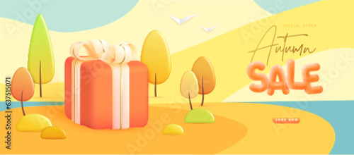 Autumn big sale poster with 3D plastic gift box and autumn trees. Autumn seasonal poster. Vector illustration