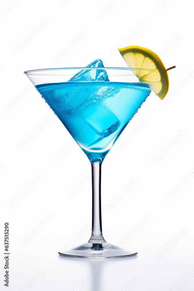 Blue cocktail with lemon garnish isolated on white background 