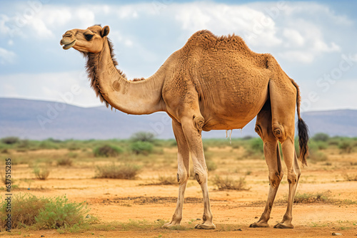 a camel standing in a desert with a mountain in the background