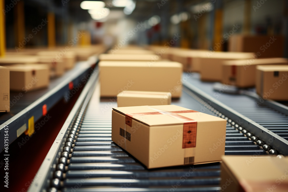 packages on conveyor belt in warehouse packages on conveyor belt in warehouse