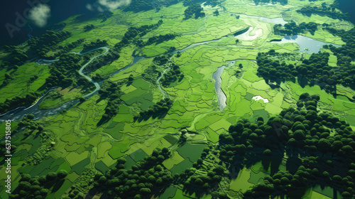 Green rice field is shining in the sun, fisheye photography. From a bird's eye view. Generative AI