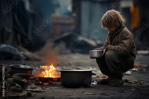 homeless young boy living in poverty 