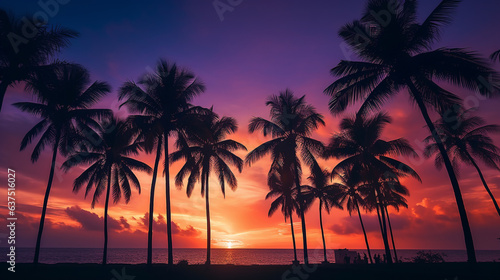 sunset over the beach with palm trees 