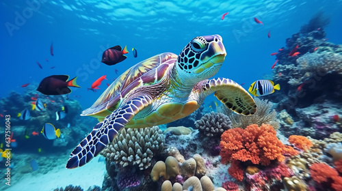 Fotografiet coral reef with turtle and fish