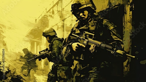 A group of soldiers battling in a war-torn city. Military operation in action. Special Forces. Army concept. Digital art. Illustration for banner  poster  cover  brochure or presentation.