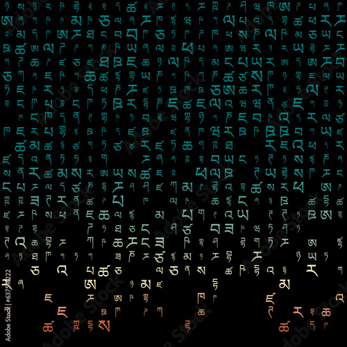 Appealing matrix background in yellow and blue colors. Grid of random Tibetan symbols. Stylish square vector illustration.