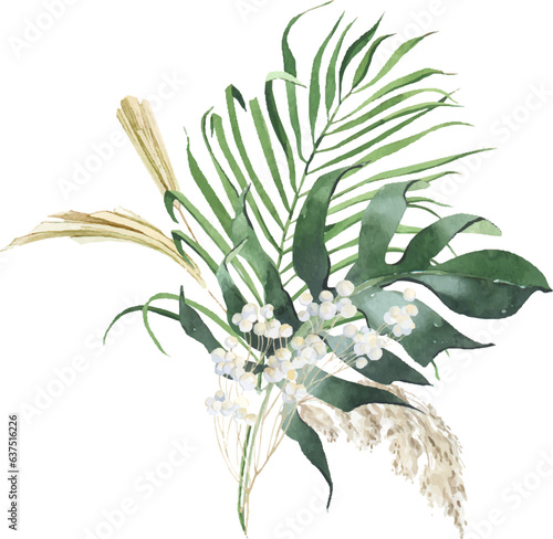 Tropical jungle watercolor vector greenery bouquets. monstera and palm leaves. dried tropical leaves, Summer tropical, Perfect for wedding invitations, prints, postcards, posters. 