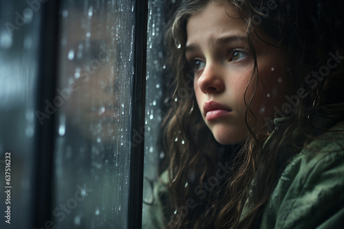 Fototapeta young abused girl crying at window