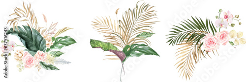Tropical jungle watercolor vector greenery bouquets. monstera and palm leaves. dried tropical leaves, Summer tropical, Perfect for wedding invitations, prints, postcards, posters. 