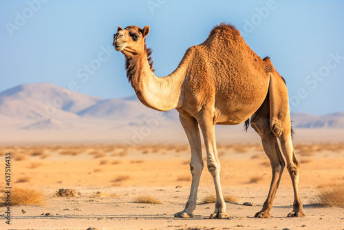 a camel standing in the desert with mountains in the background © Nam
