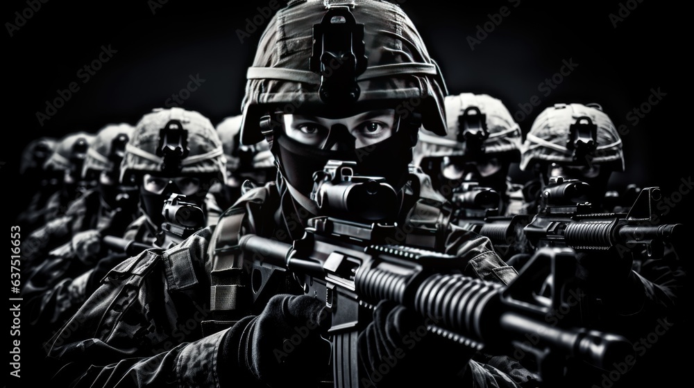 Fototapeta premium A platoon of soldiers in full combat gear stand together with weapons in their hands. Soldiers of a private military company. Brothers in Arms. participants in military conflicts. Army concept.