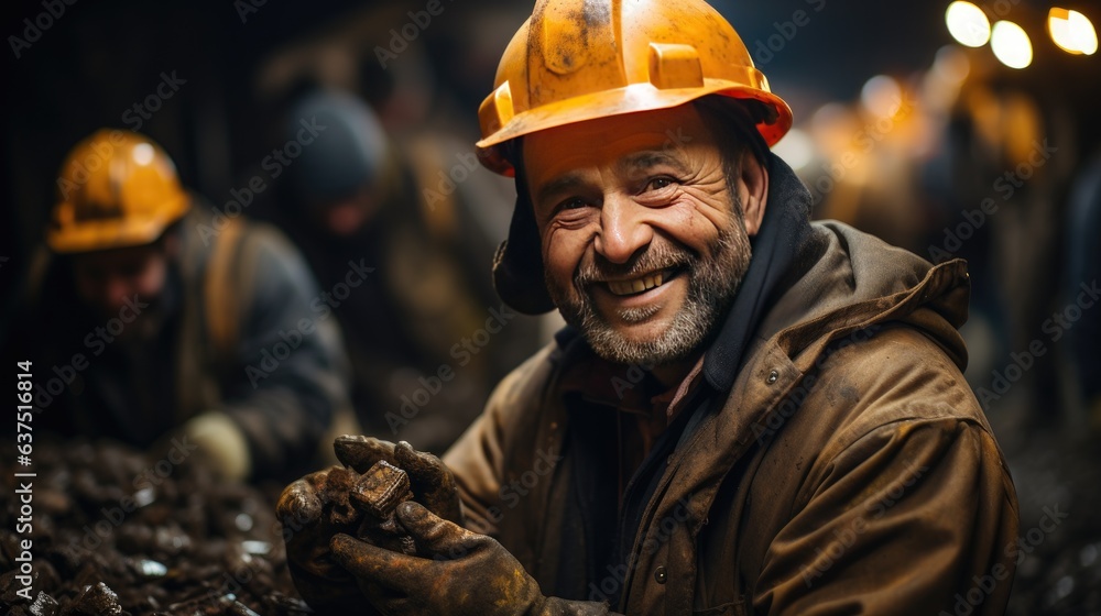 A happy miner in work clothes holds his find in his hands in an illuminated mine. Illustration for banner, poster, cover, brochure or presentation.