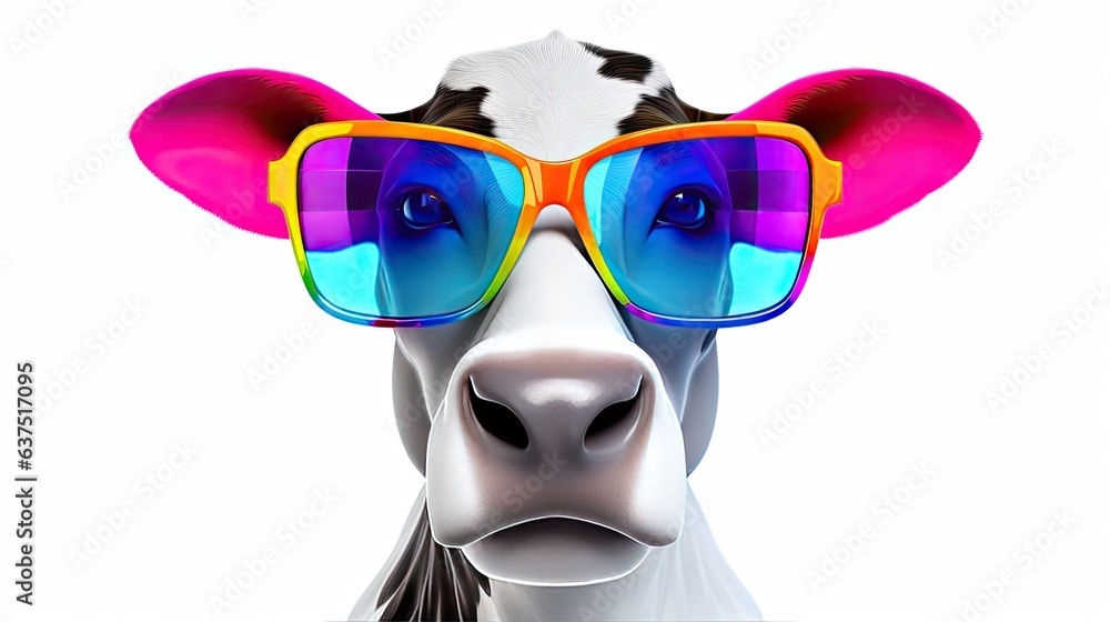 Illustration of a colorful funny figure of a cow with glasses on a white background. Figurine made of ceramics, plasticine, plastic or other material. Digital art. Illustration for design or print. Illustration of a colorful funny figure of a cow with glasses on a white background. Figurine made of ceramics, plasticine, plastic or other material. Digital art. Illustration for design or print.