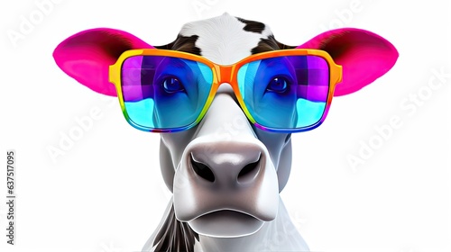 Illustration of a colorful funny figure of a cow with glasses on a white background. Figurine made of ceramics, plasticine, plastic or other material. Digital art. Illustration for design or print. © Login