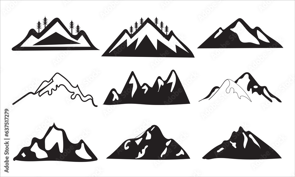 Mountain silhouette set. Rocky mountains icon or logo collection. Vector illustration Mountain silhouette set. Rocky mountains icon or logo collection. Vector illustration