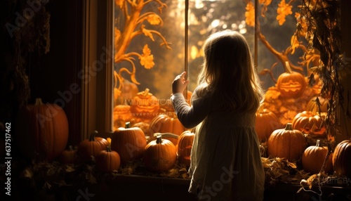 A little girl looking out a window at pumpkins