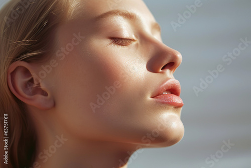 A serene profile portrait of a woman enjoying a tranquil lake, her contemplation and tranquility palpable.