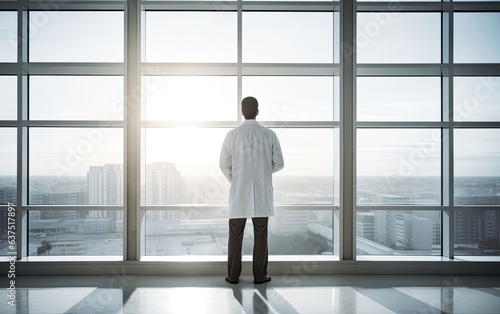 Double exposure of confident doctor in white sterile coat standing inside hospital office and modern cityscape view on background. Created with Generative AI technology.