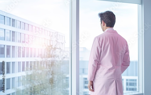 Double exposure of confident doctor in white sterile coat standing inside hospital office and modern cityscape view on background. Created with Generative AI technology.